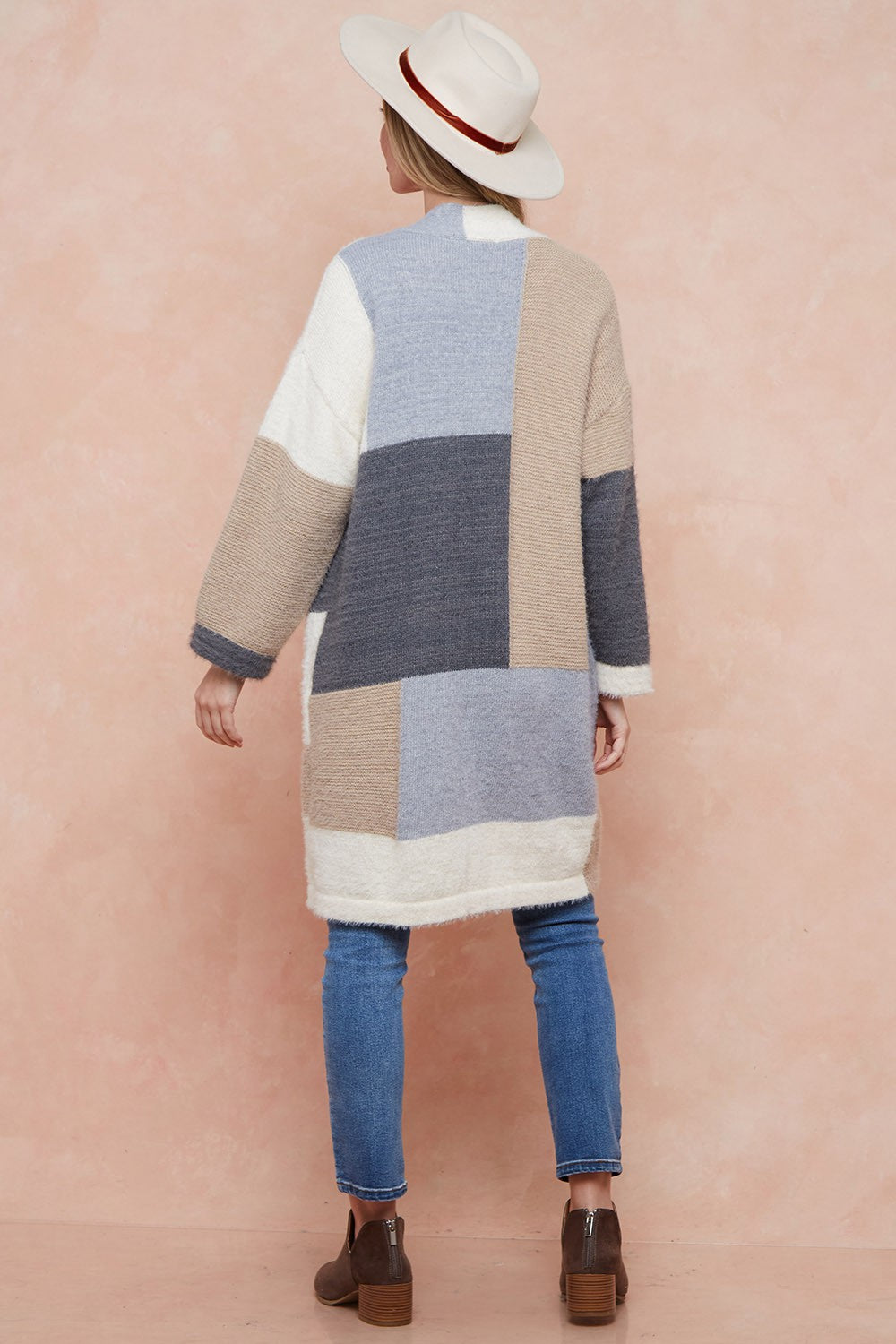 Color Blocked  Open Front Long Knit Sweater Cardigan