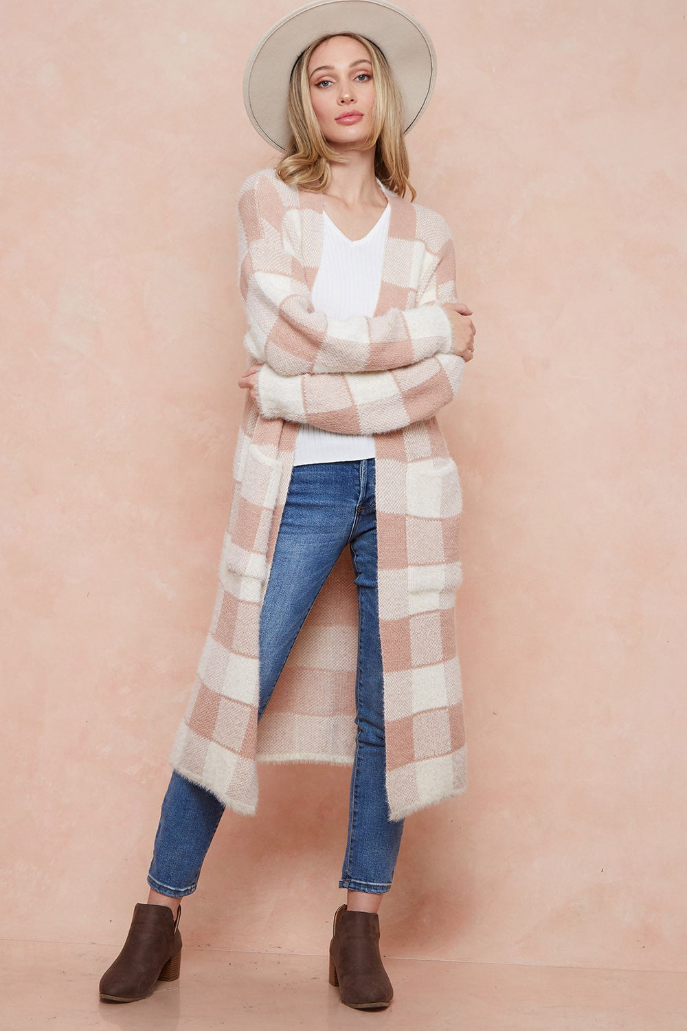 Front Patched Pocket Sweater Duster Plaid Check Long Cardigan