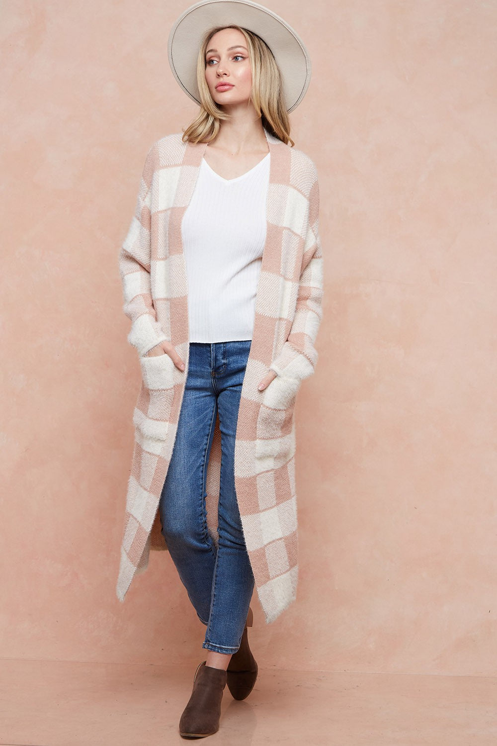 Front Patched Pocket Sweater Duster Plaid Check Long Cardigan