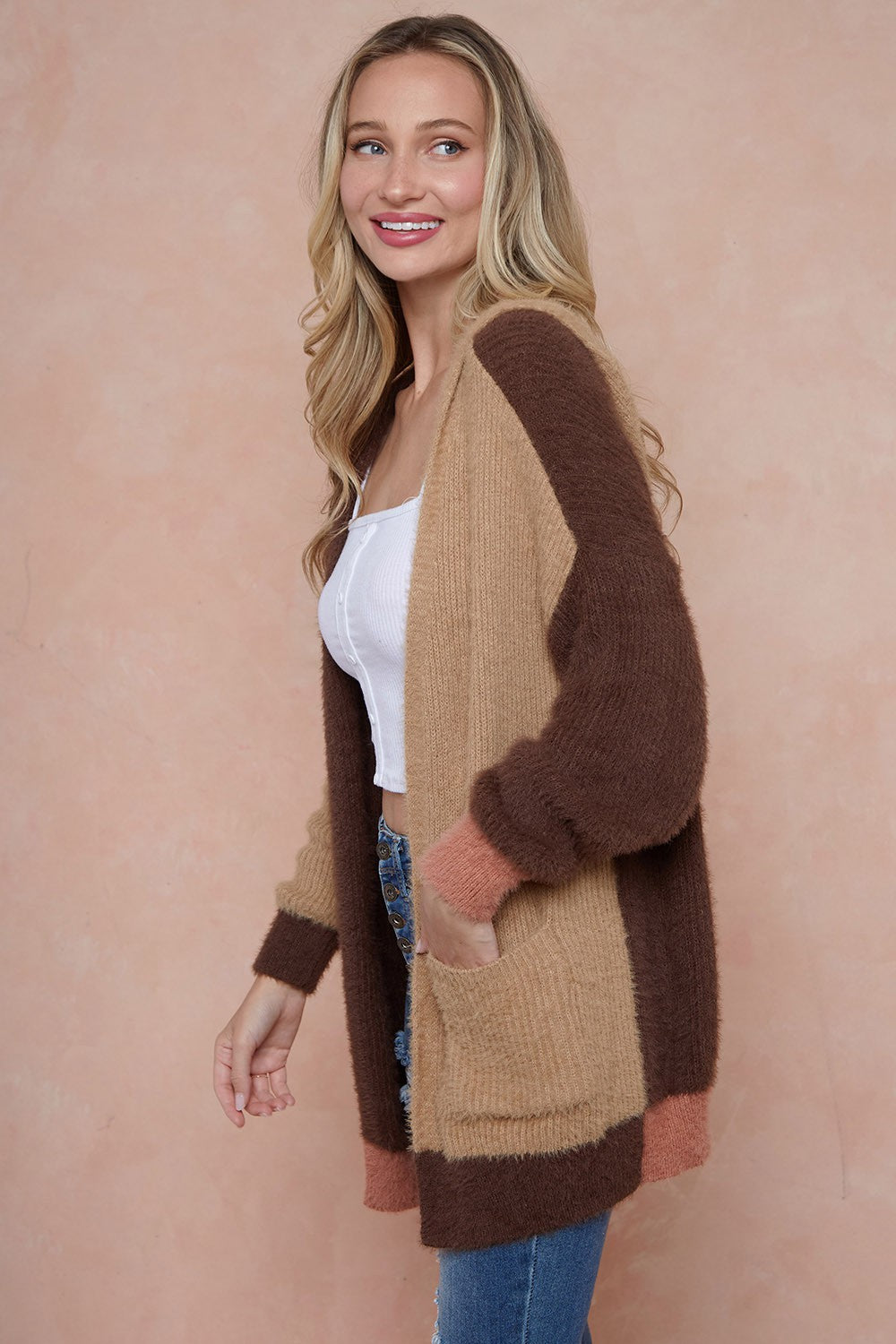 Color Block Hooded Fluffy Yarn Sweater Long Sleeve Open Front Cardigan