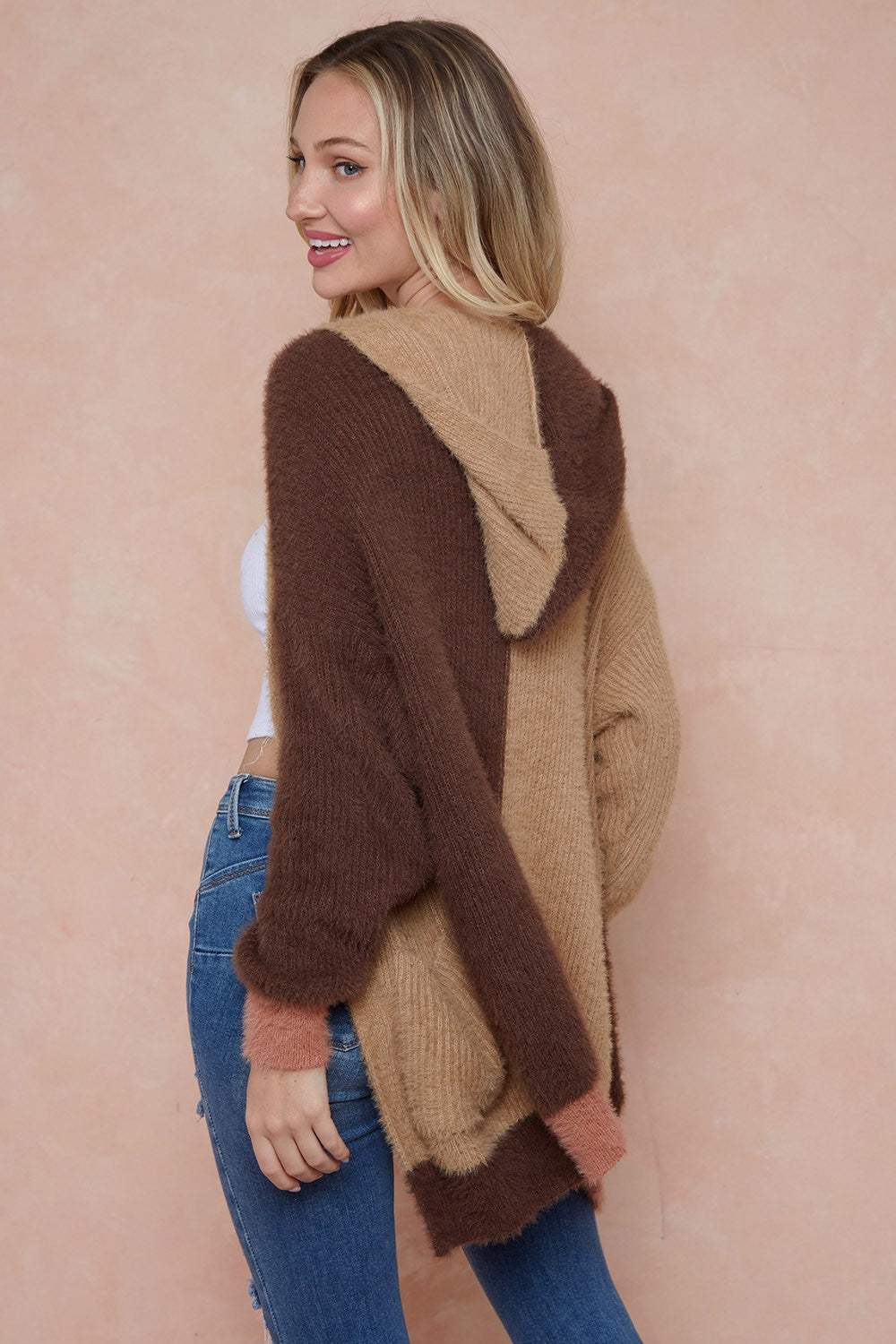 Color Block Hooded Fluffy Yarn Sweater Long Sleeve Open Front Cardigan