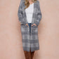 Front Patched Pocket Sweater Duster Plaid Check Long Cardigan