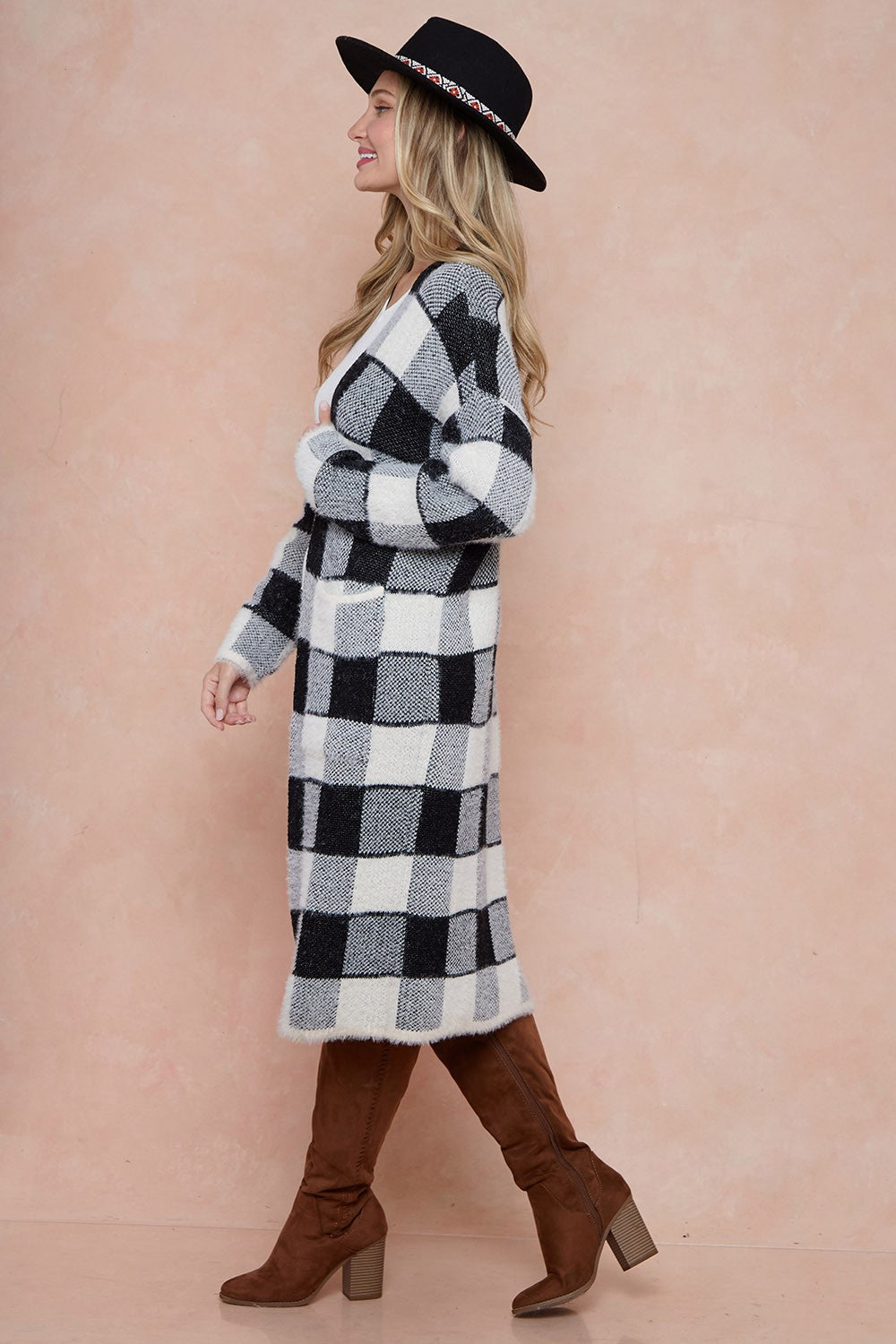 Front Patched Pocket Sweater Duster Plaid Check Long Cardigan