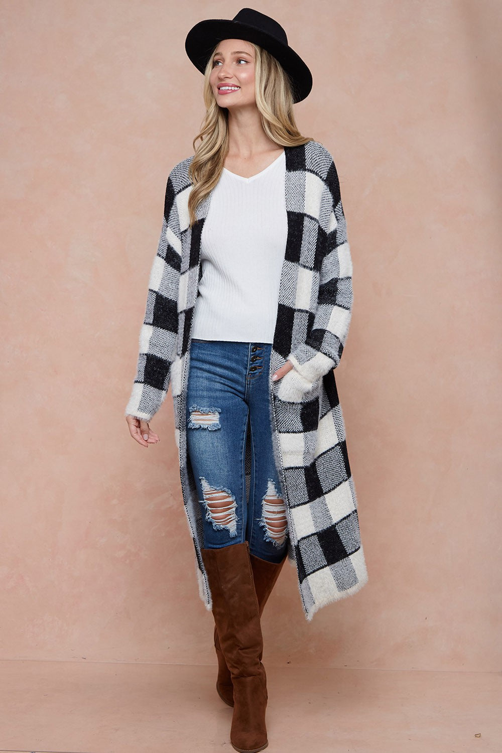 Front Patched Pocket Sweater Duster Plaid Check Long Cardigan