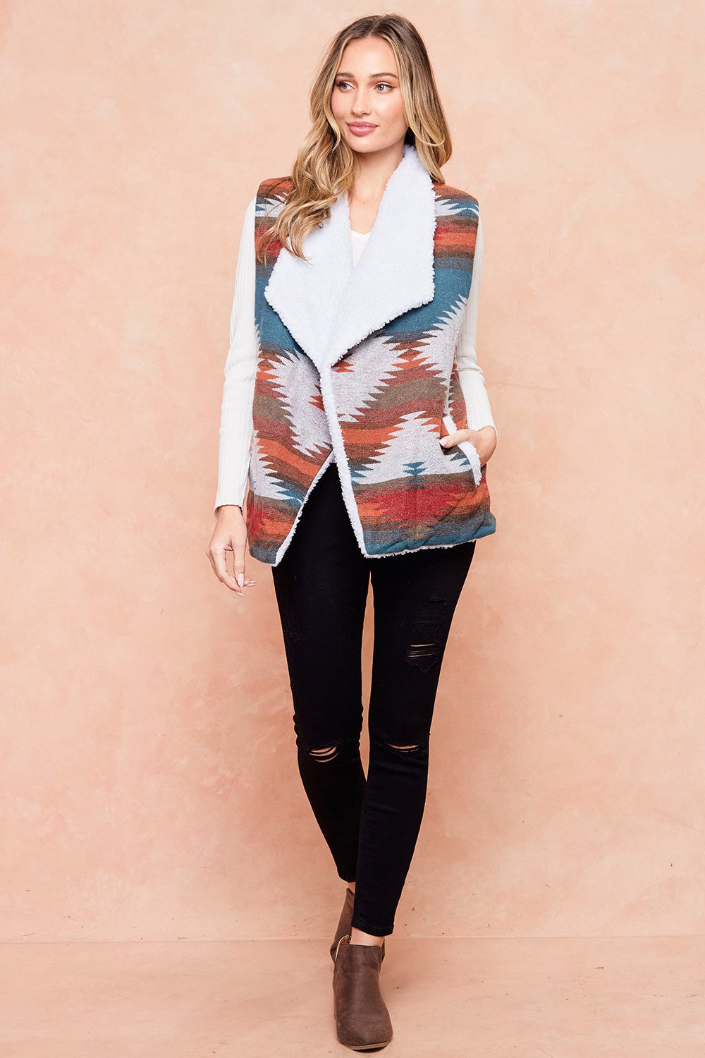 Rainbow Aztec Sherpa Lined Sweater Vest