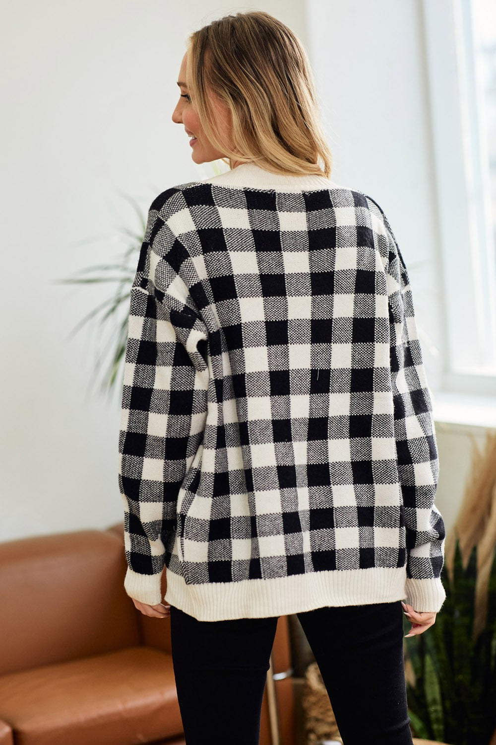 Gingham Check Button Down Long Sleeve Relaxed Sweater Cardigan