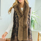 Hound Tooth Check Sweater Poncho Cape Vest with Faux Fur Trim