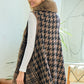Hound Tooth Check Sweater Poncho Cape Vest with Faux Fur Trim