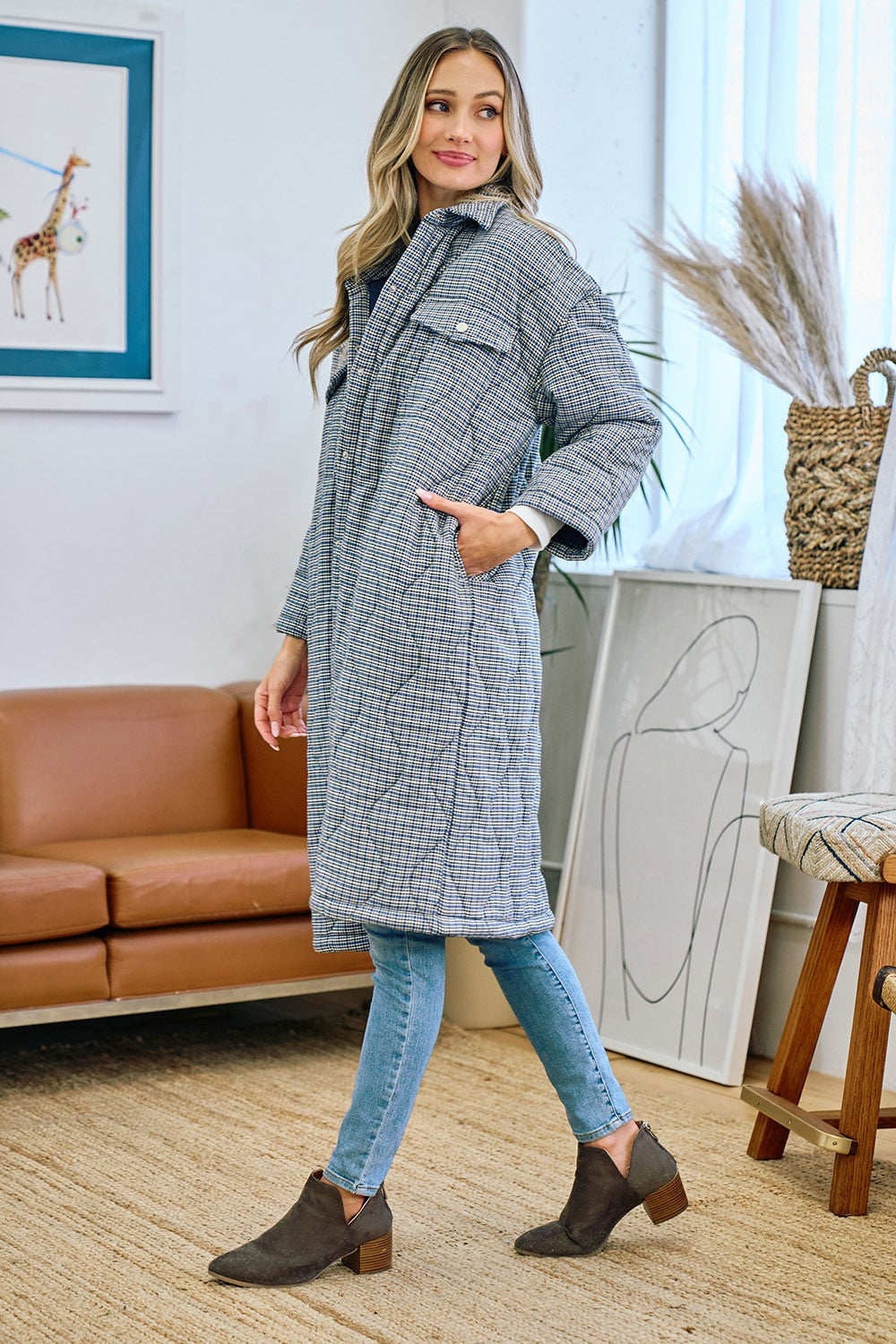 Women's Onion Quilted Checker Cotton Padded Long Coat