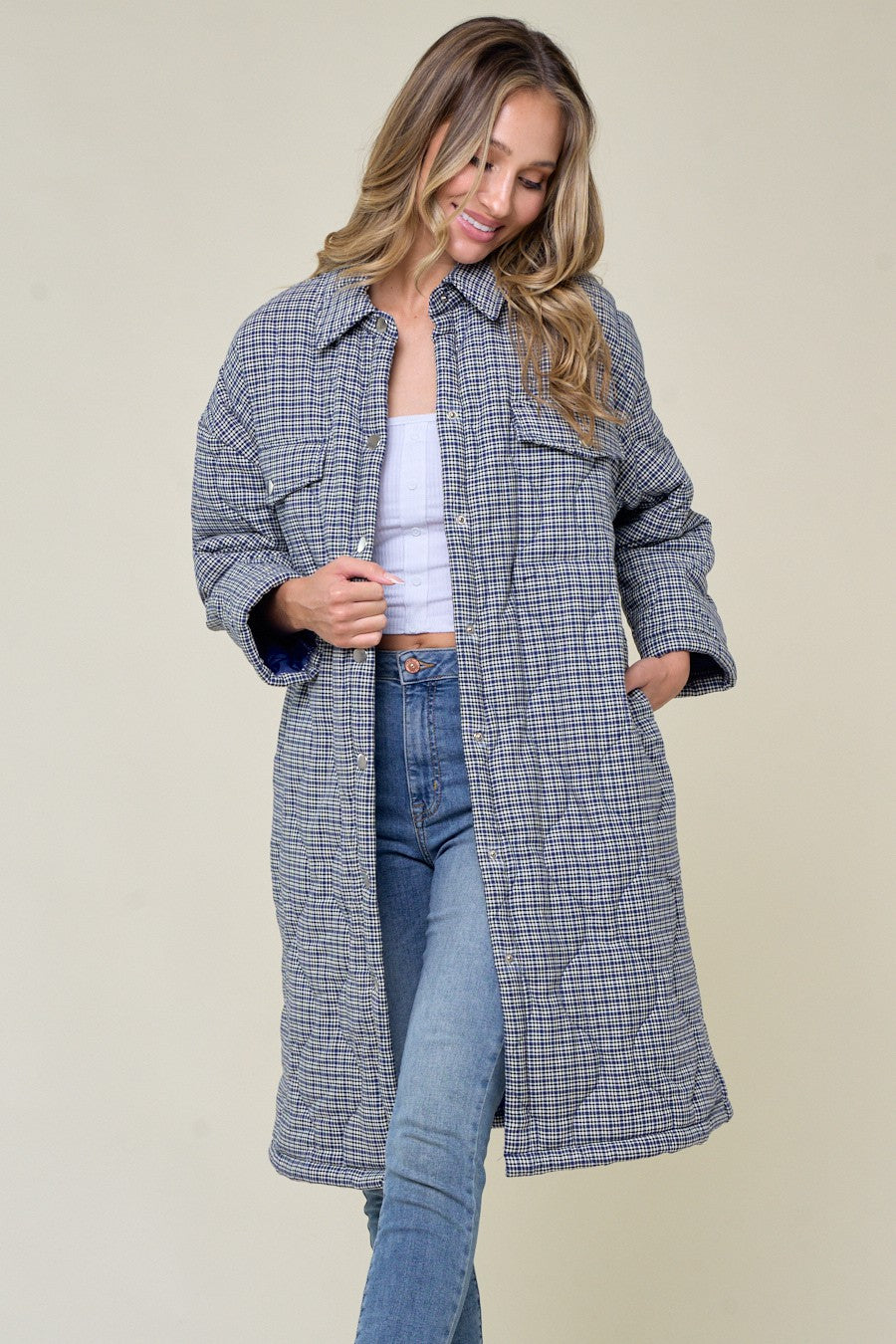 Women's Onion Quilted Checker Cotton Padded Long Coat