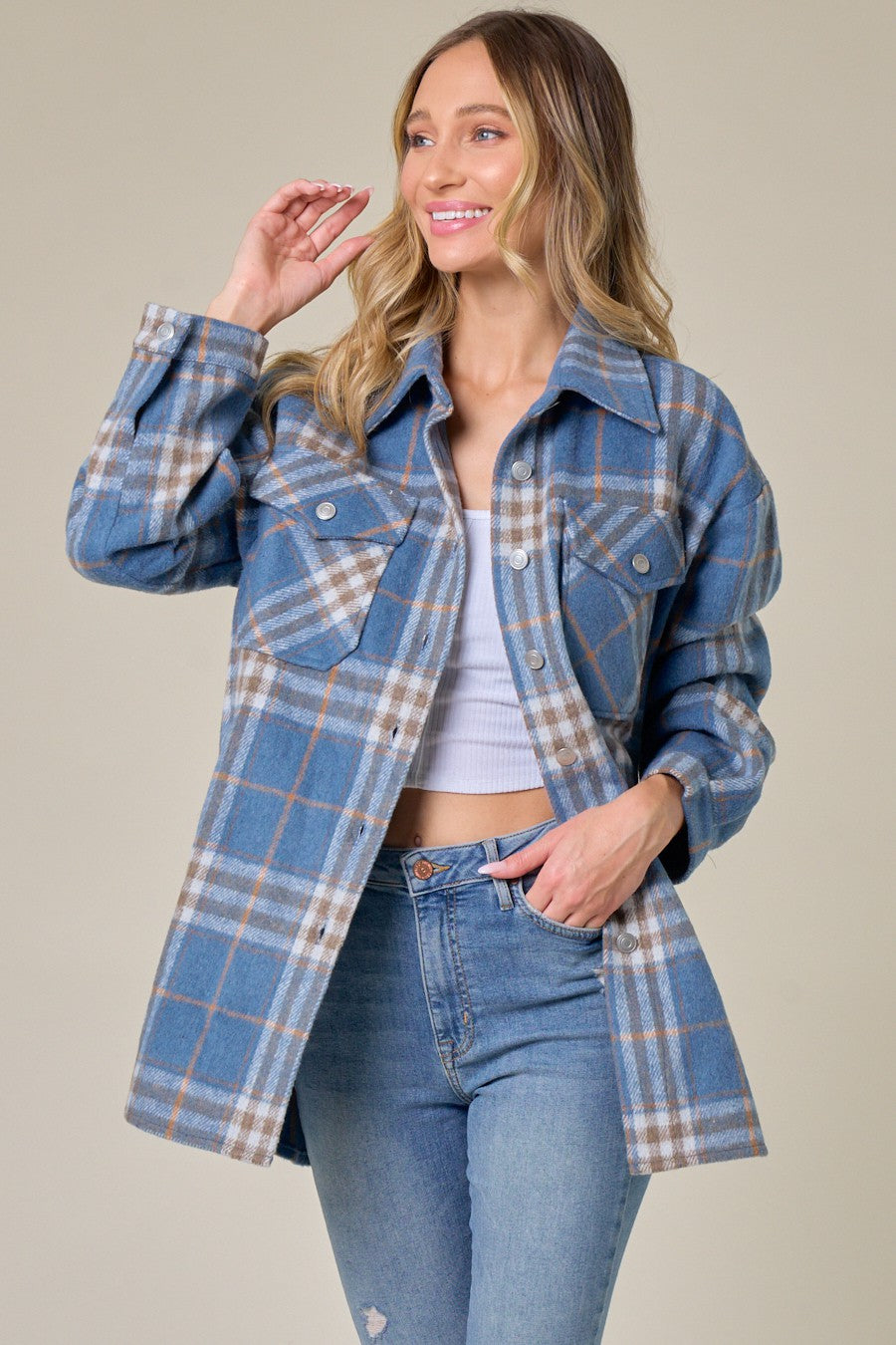 Brushed Flannel Plaid Lapel Button Down Shacket Shirt Jacket