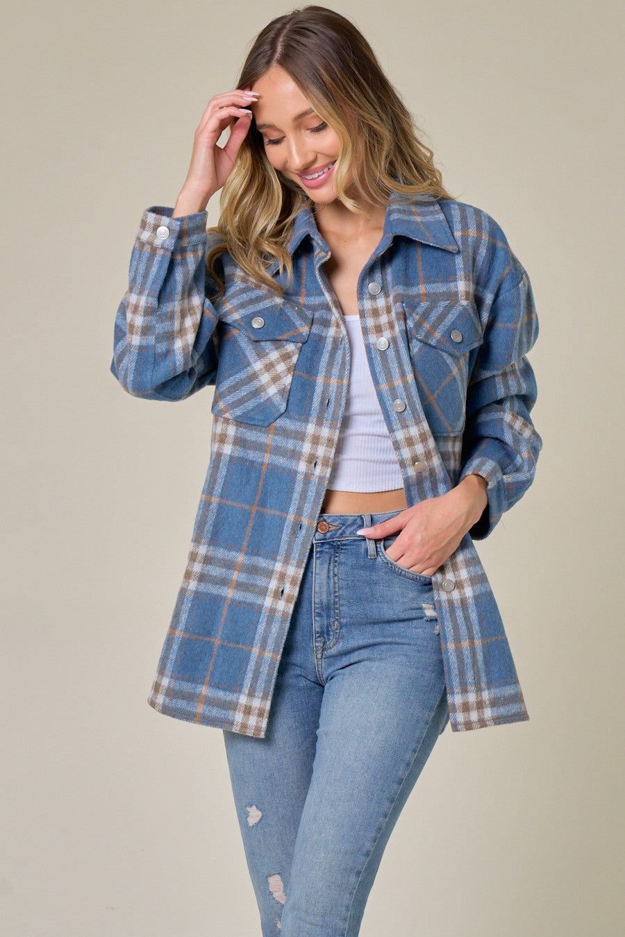 Brushed Flannel Plaid Lapel Button Down Shacket Shirt Jacket