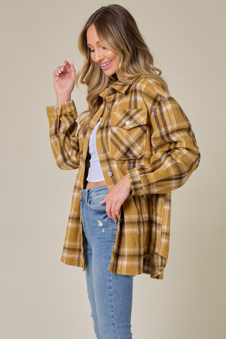 Brushed Flannel Plaid Lapel Button Down Shacket Shirt Jacket