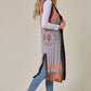 Grey Orange Aztec Pattern Hooded Long Knit Sweater Open Front Vest
