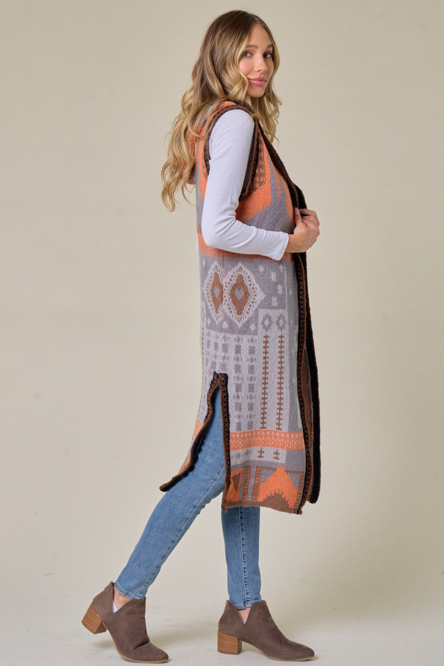 Grey Orange Aztec Pattern Hooded Long Knit Sweater Open Front Vest