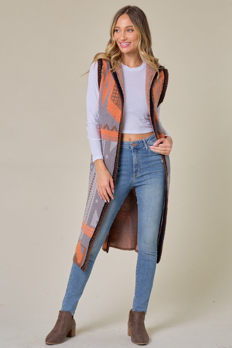 Grey Orange Aztec Pattern Hooded Long Knit Sweater Open Front Vest