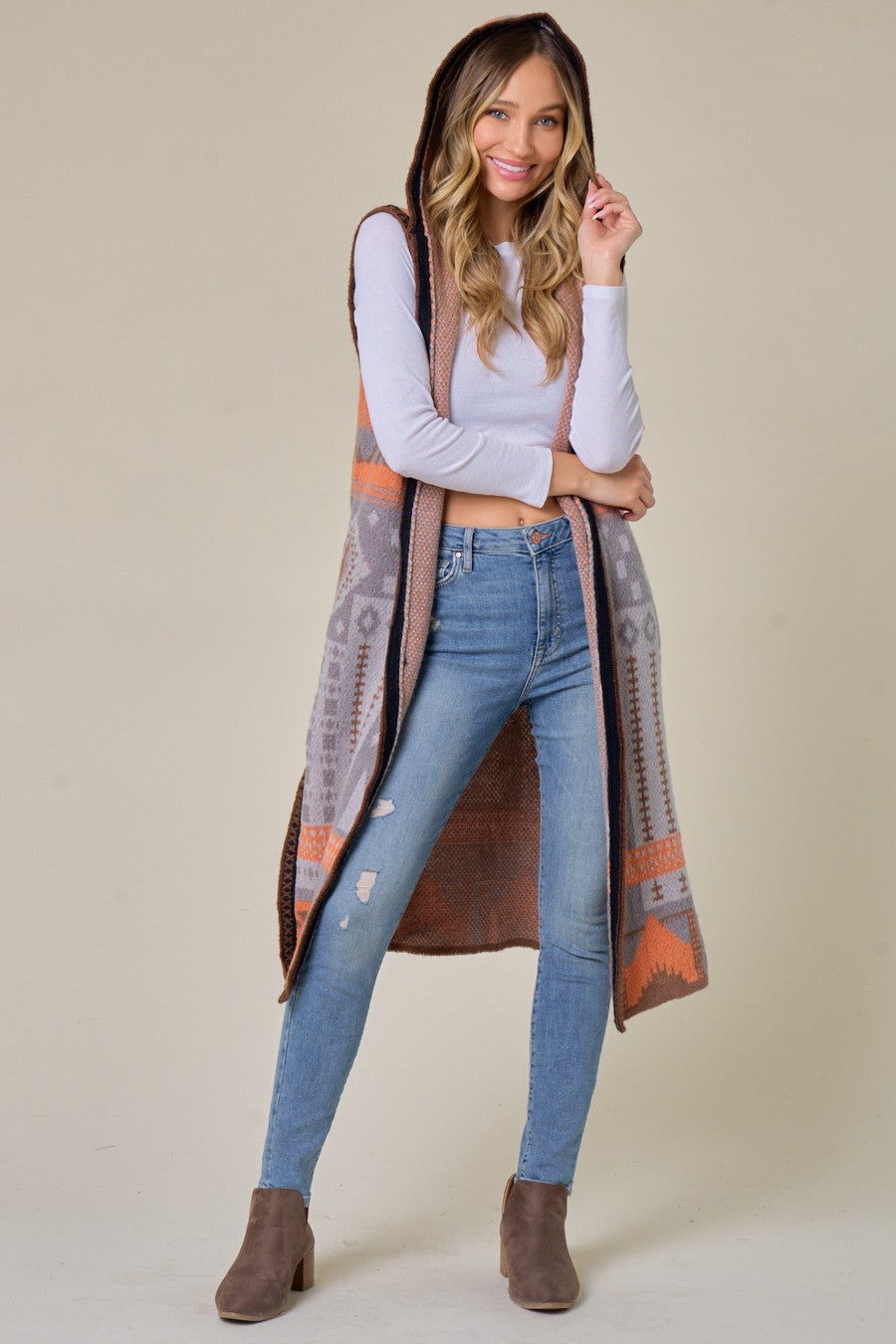 Grey Orange Aztec Pattern Hooded Long Knit Sweater Open Front Vest