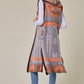 Grey Orange Aztec Pattern Hooded Long Knit Sweater Open Front Vest