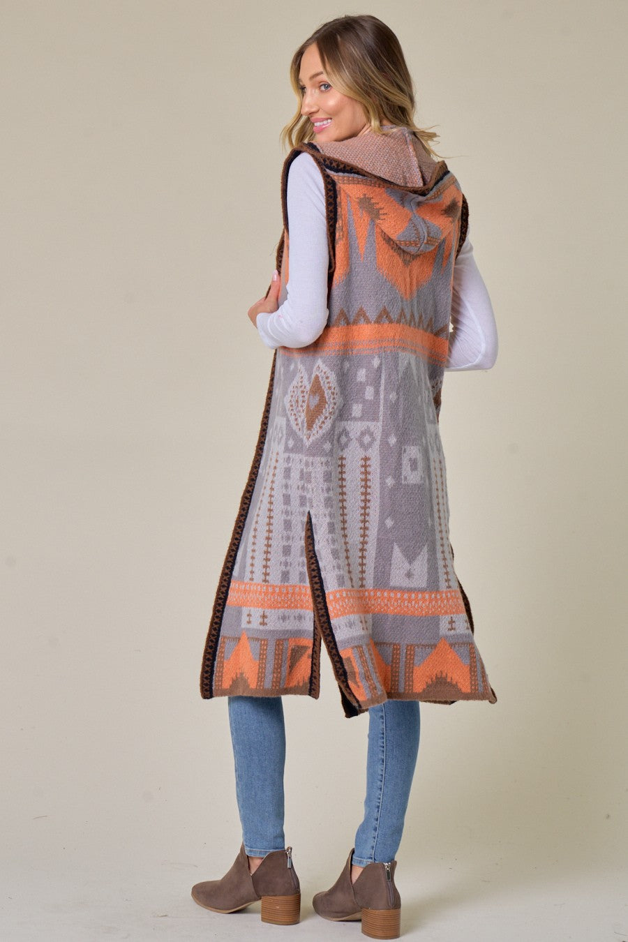 Grey Orange Aztec Pattern Hooded Long Knit Sweater Open Front Vest