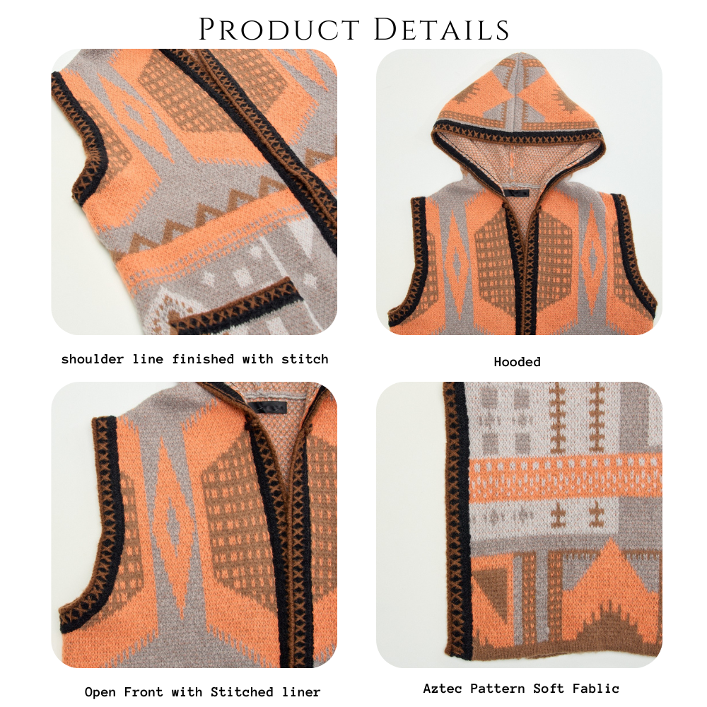 Grey Orange Aztec Pattern Hooded Long Knit Sweater Open Front Vest