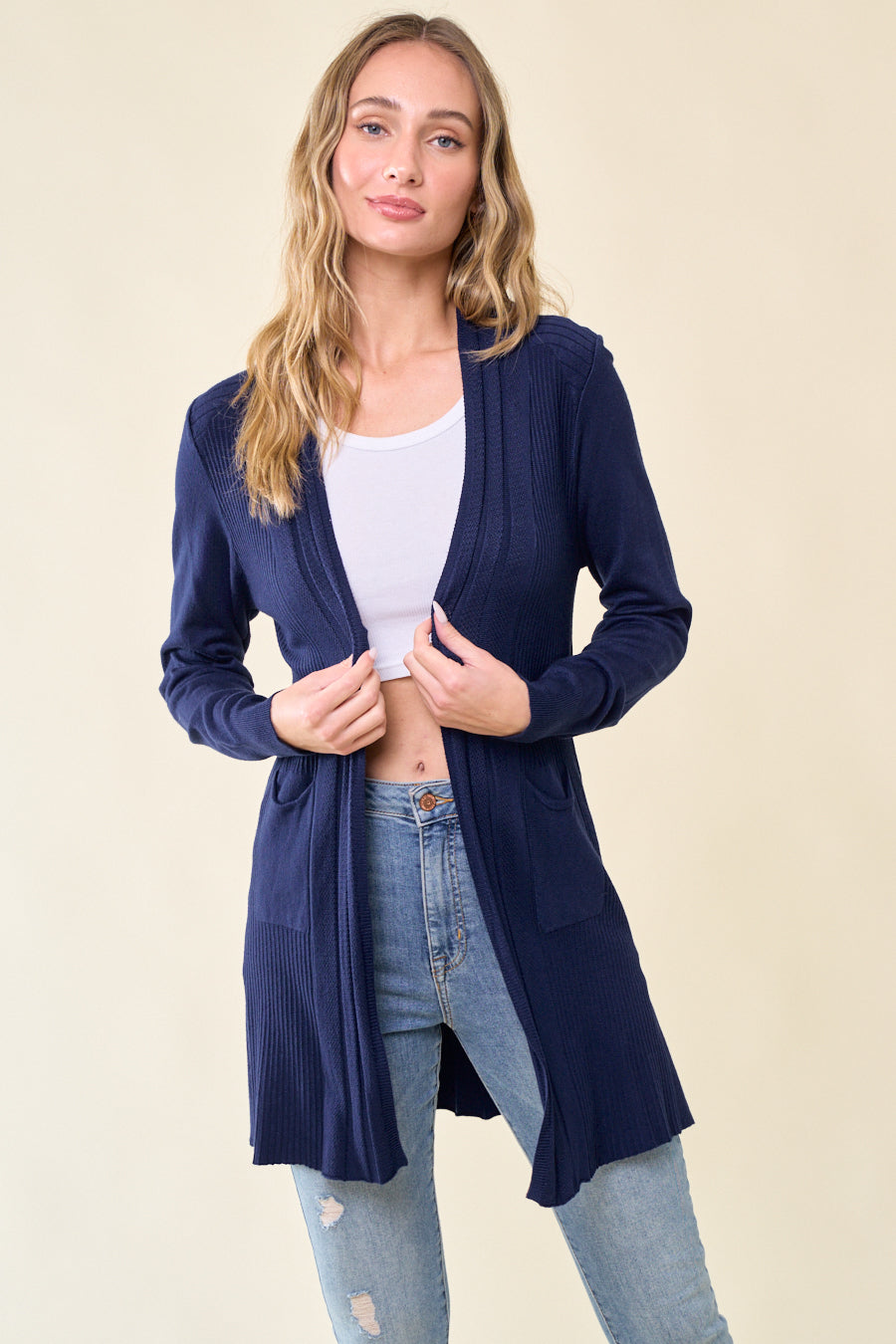 Women Lightweight Long Sleeve Cardigan Soft Drape Open Front with Pocket