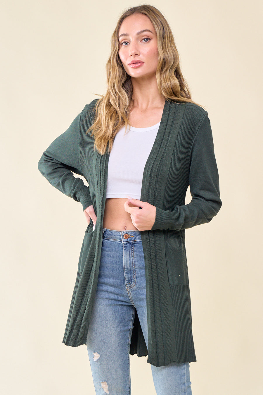 Women Lightweight Long Sleeve Cardigan Soft Drape Open Front with Pocket