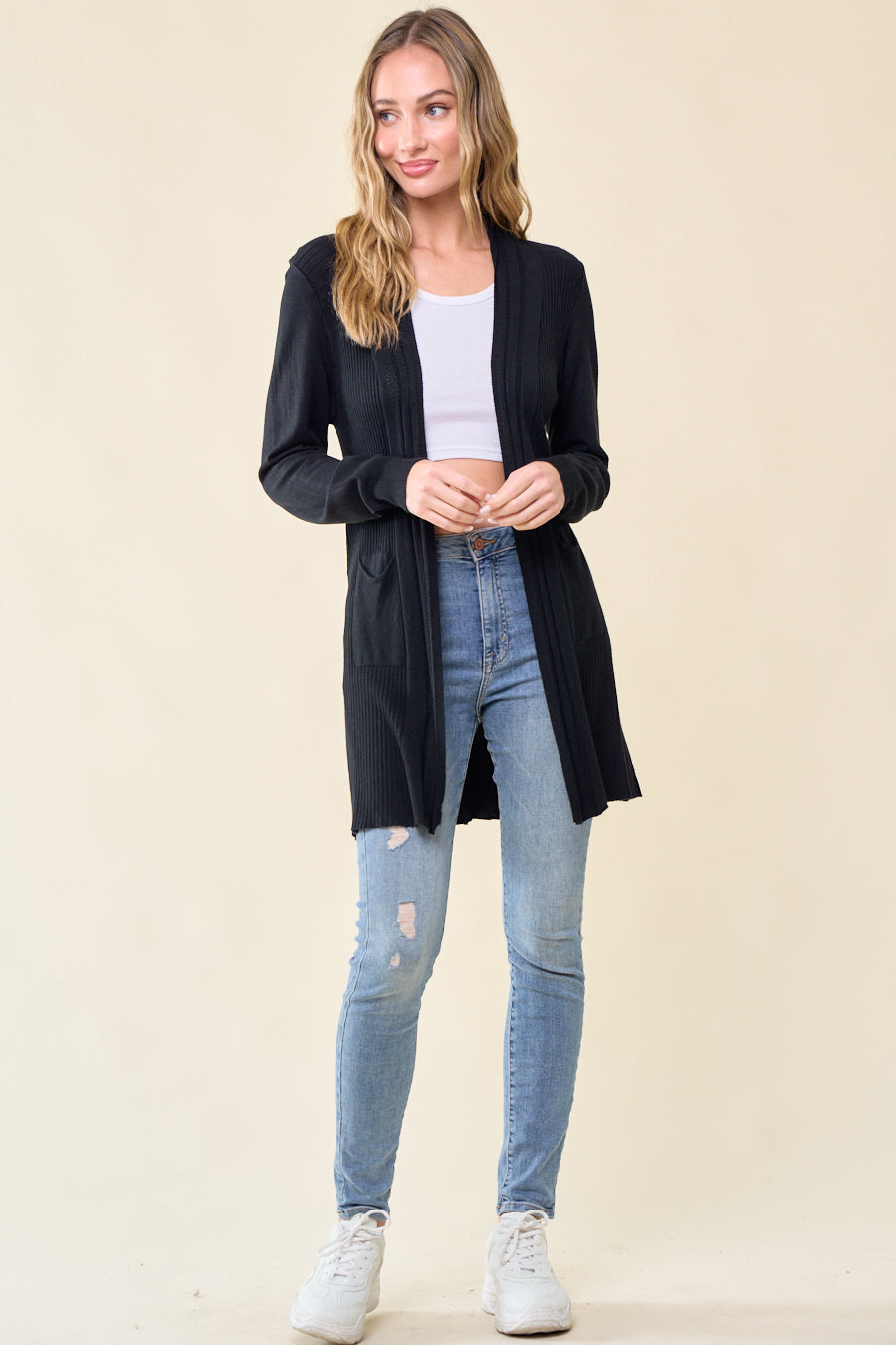 Women Lightweight Long Sleeve Cardigan Soft Drape Open Front with Pocket